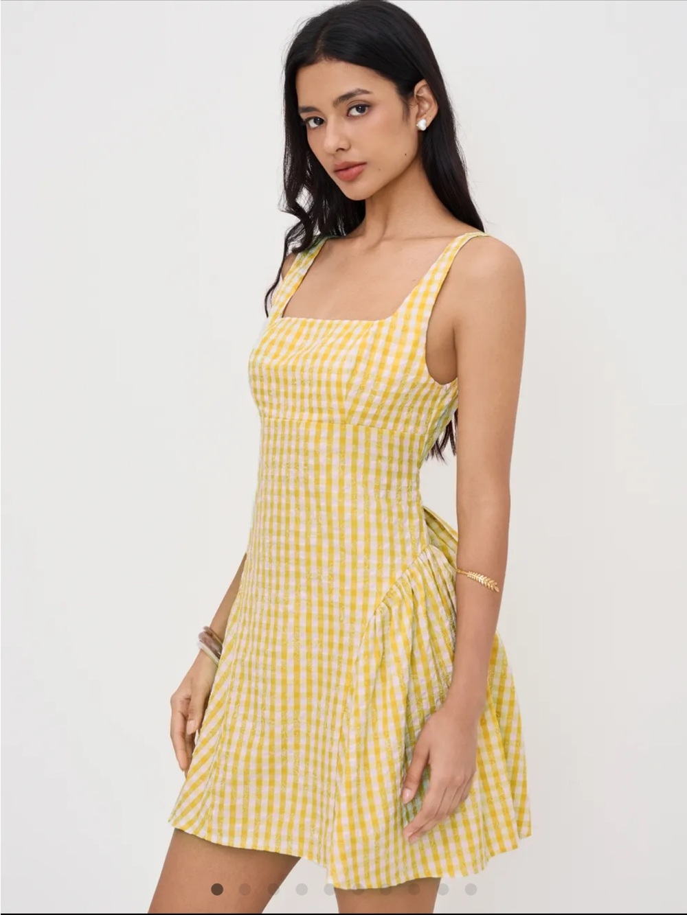 Cider Yellow Gingham Square-Neck Mini Dress